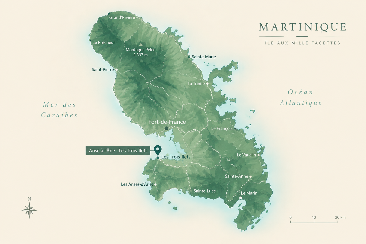 Carte de la Martinique situant Eden Kay à l'Anse à l'Âne aux Trois-Îlets