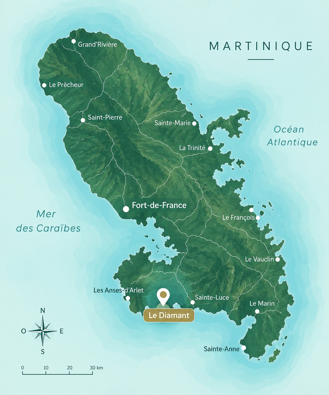 Carte de la Martinique situant Le Diamant dans le sud de l'île