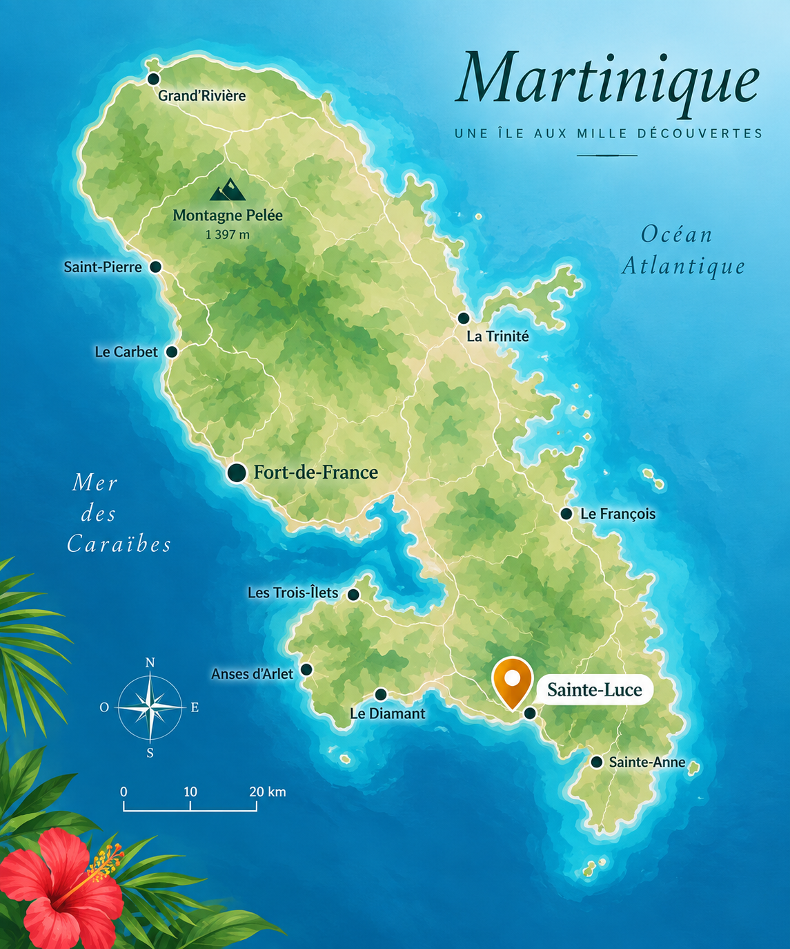 Carte de la Martinique situant Sainte-Luce et Villa Mango