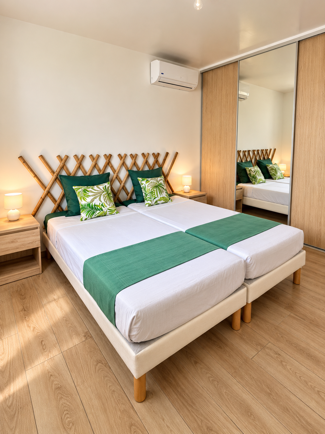 Chambre climatisée aux tons verts de Villa Douceur Caraïbes